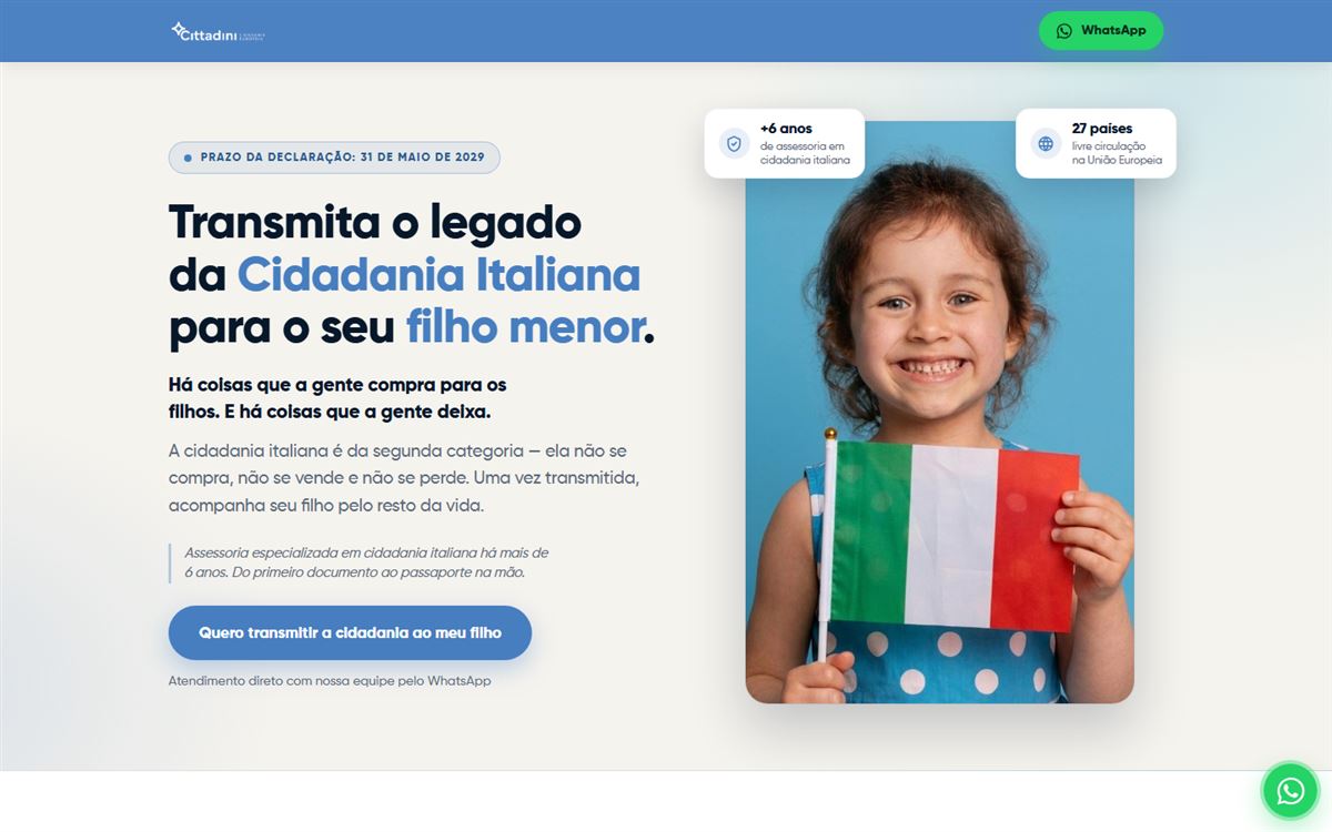 Página da Cittadini sobre cidadania italiana para filhos menores